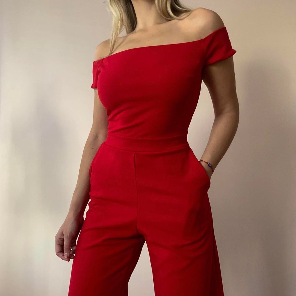Red jumpsuit off the shoulder